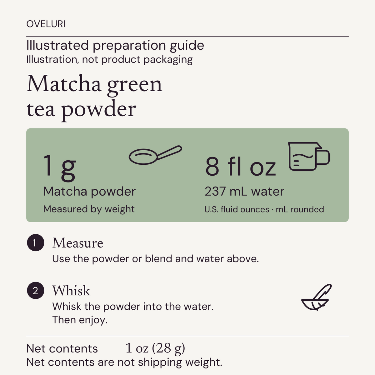 Illustrated preparation guide for Matcha Green Tea Powder: 1 g powder with 8 US fl oz (237 mL) water; whisk and enjoy. Net contents 1 oz (28 g), not shipping weight. Illustration, not product packaging.