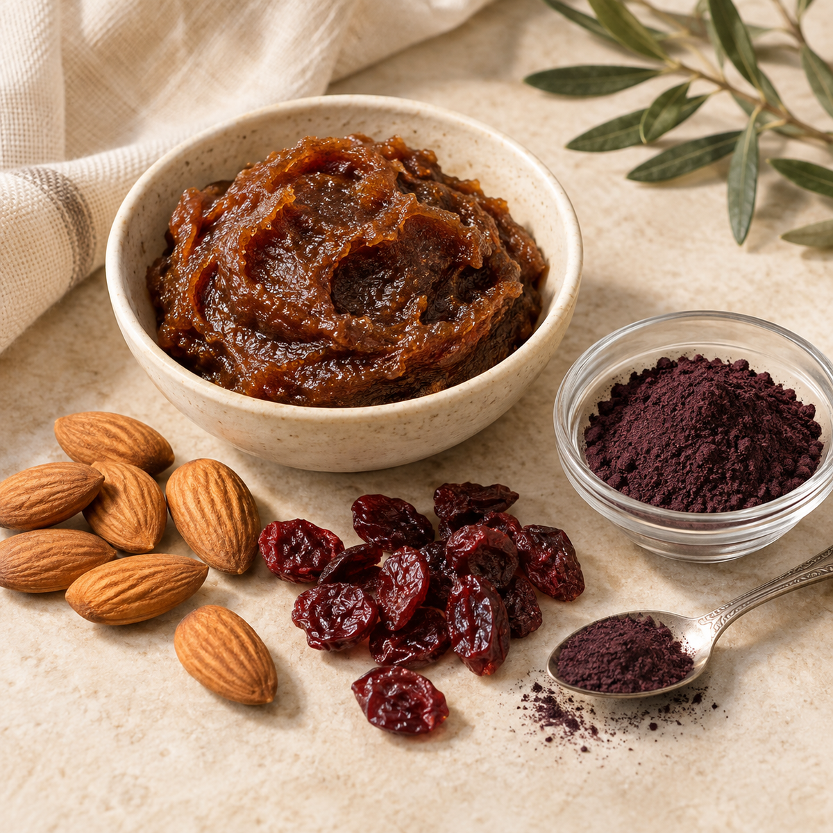 AI-generated illustration of date, almond, cranberry and acai ingredients. Not a photograph of the finished Navitas snack or packaging.