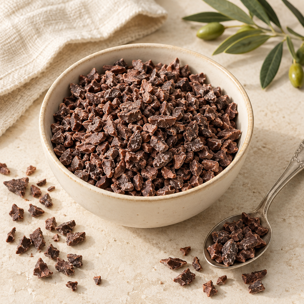 AI-generated ingredient illustration for Navitas Organics Cacao Sweet Nibs · 4 oz. Not a photograph of the supplied branded product or packaging.
