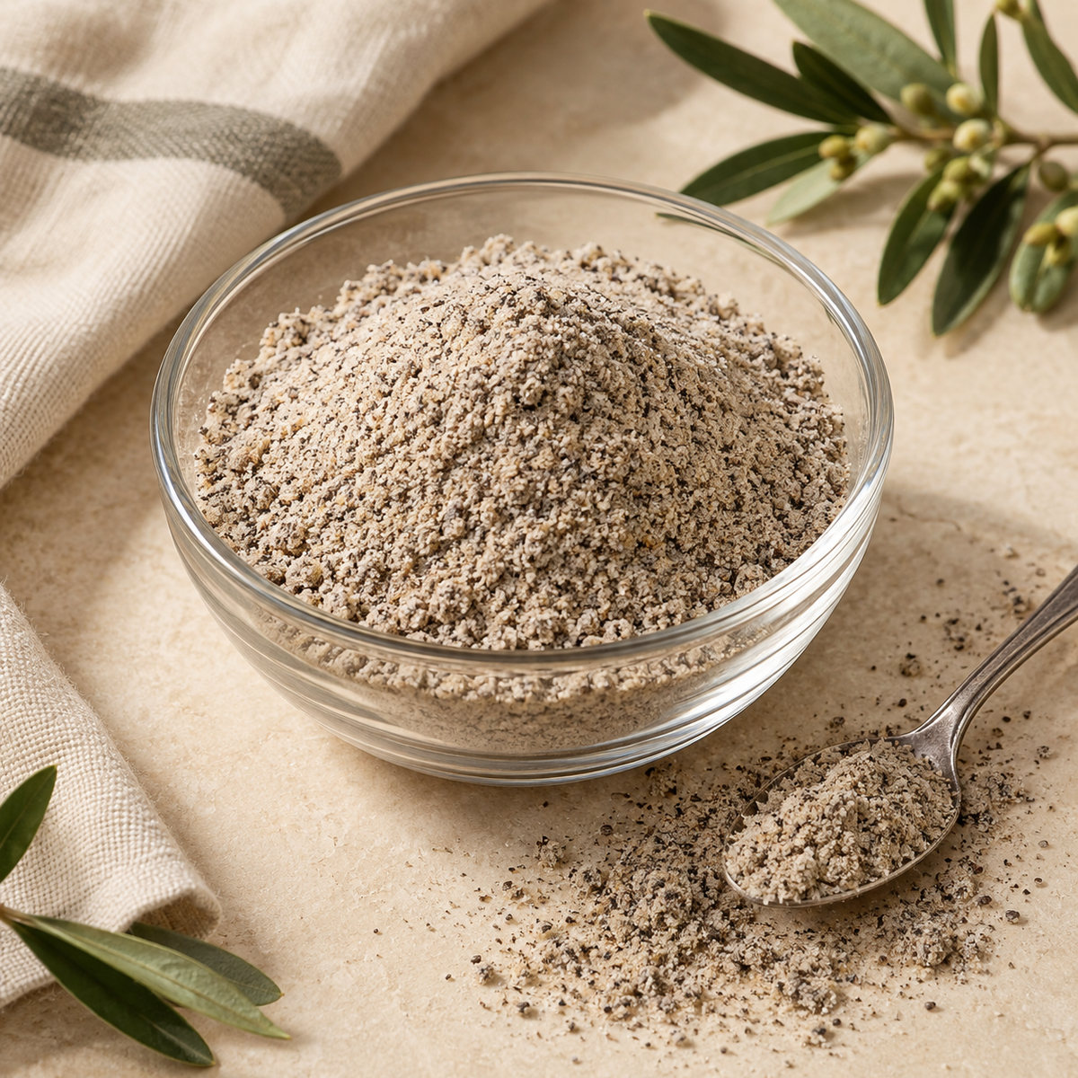 AI-generated ingredient illustration for Navitas Organics Chia Seed Powder · 8 oz. Not a photograph of the supplied branded product or packaging.