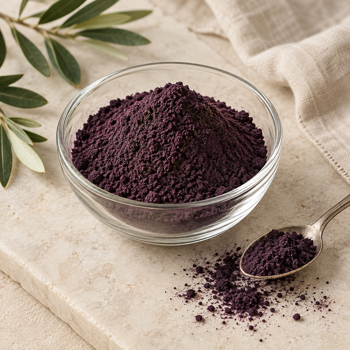 AI-generated ingredient illustration for Navitas Organics Maqui Powder · 3 oz. Not a photograph of the supplied branded product or packaging.