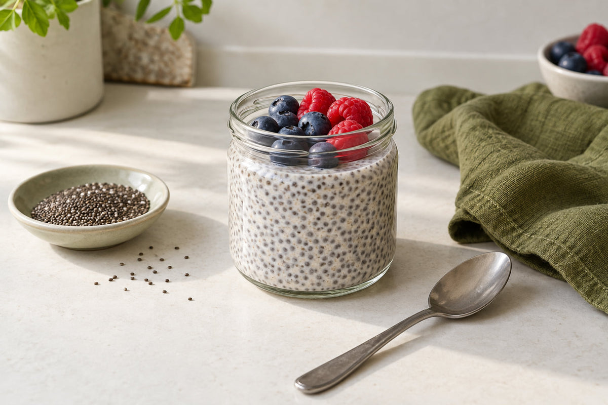 Editorial illustration, AI-generated: chia pudding topped with blueberries and raspberries, beside a spoon and a dish of dry chia seeds.