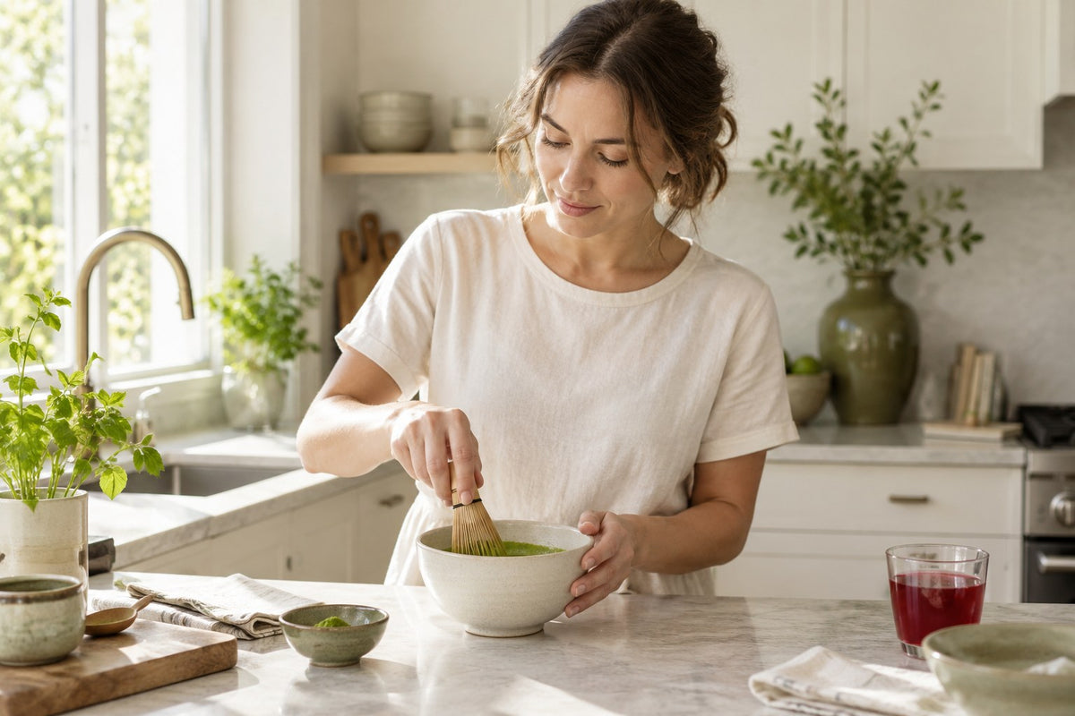 Editorial illustration of a woman whisking matcha beside a glass of hibiscus tea