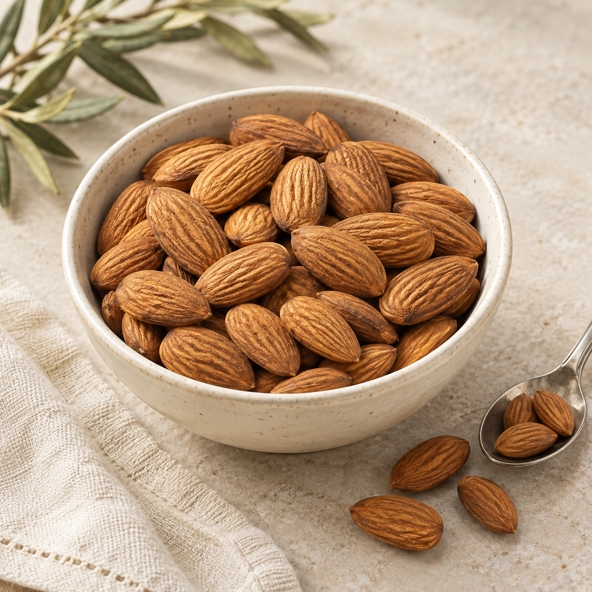 AI-generated ingredient illustration for Vehgro Organic Valencia Almonds · 100 g. Not a photograph of the supplied branded product or packaging.