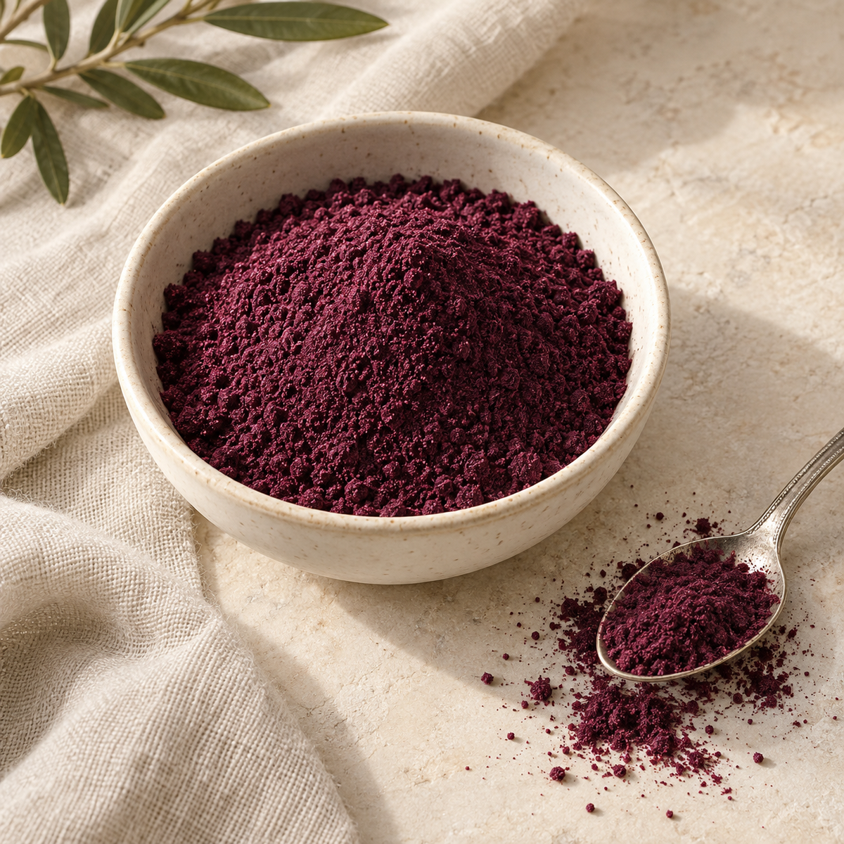 AI-generated ingredient illustration for Vehgro Organic Blackcurrant Powder · 100 g. Not a photograph of the supplied branded product or packaging.