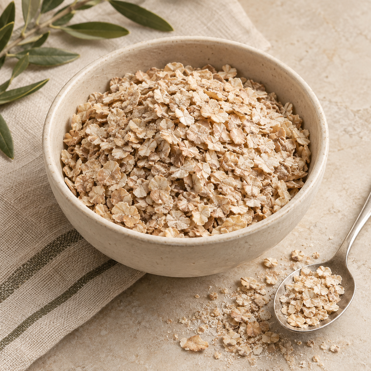 AI-generated ingredient illustration for Vehgro Organic Buckwheat Flakes · 100 g. Not a photograph of the supplied branded product or packaging.