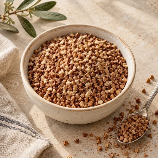 AI-generated ingredient illustration for Vehgro Organic Roasted Buckwheat · 500 g. Not a photograph of the supplied branded product or packaging.