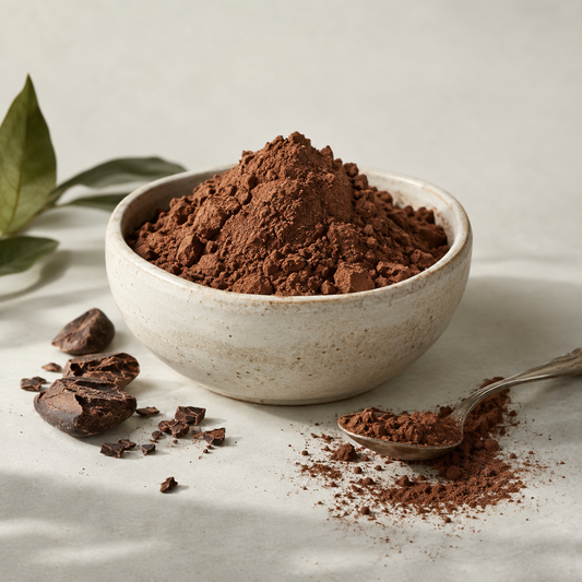AI-generated ingredient illustration: cacao powder in a ceramic bowl with a spoon and cacao nibs. Not a photograph of Navitas packaging or the supplied product.