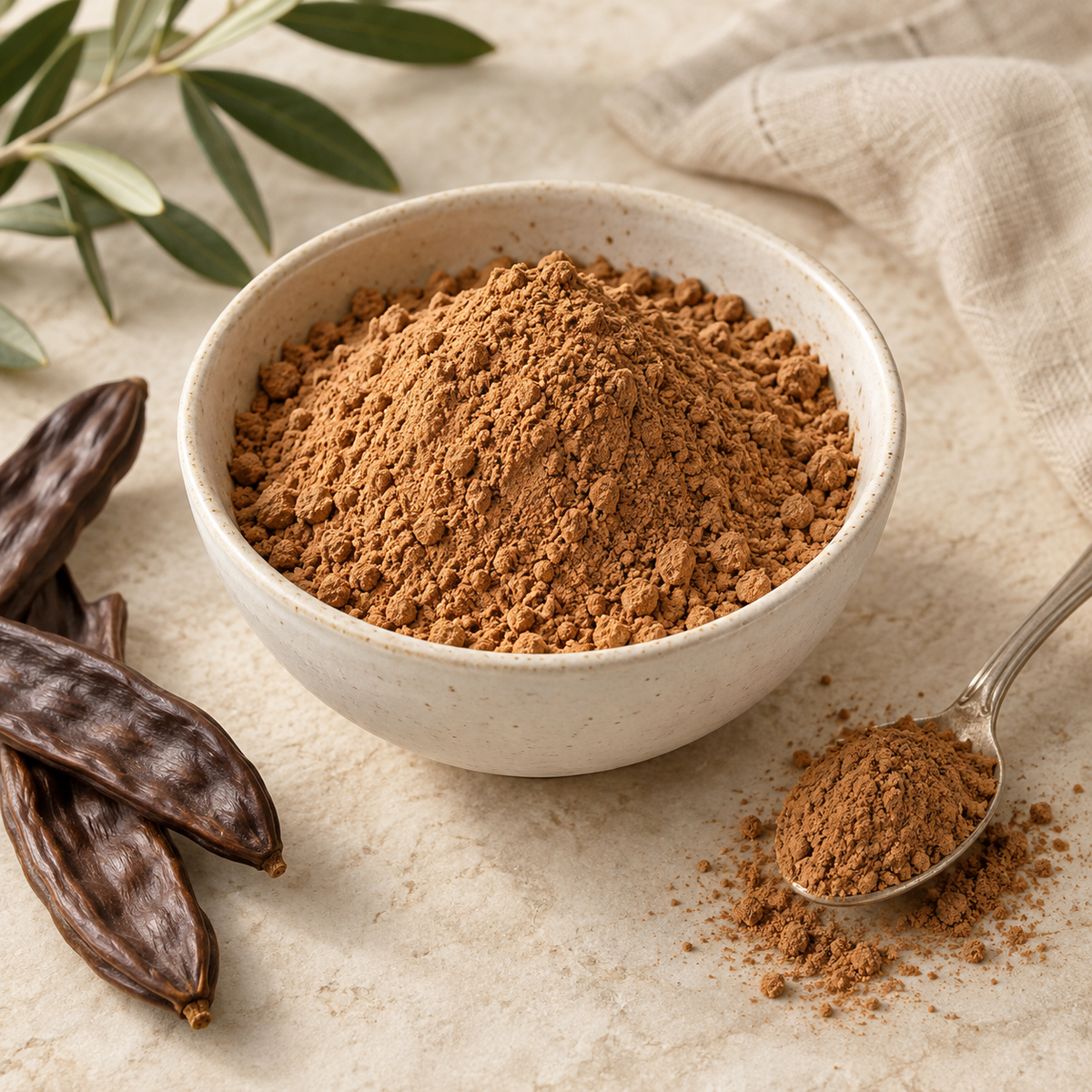 AI-generated ingredient illustration for Vehgro Organic Carob Powder · 100 g. Not a photograph of the supplied branded product or packaging.