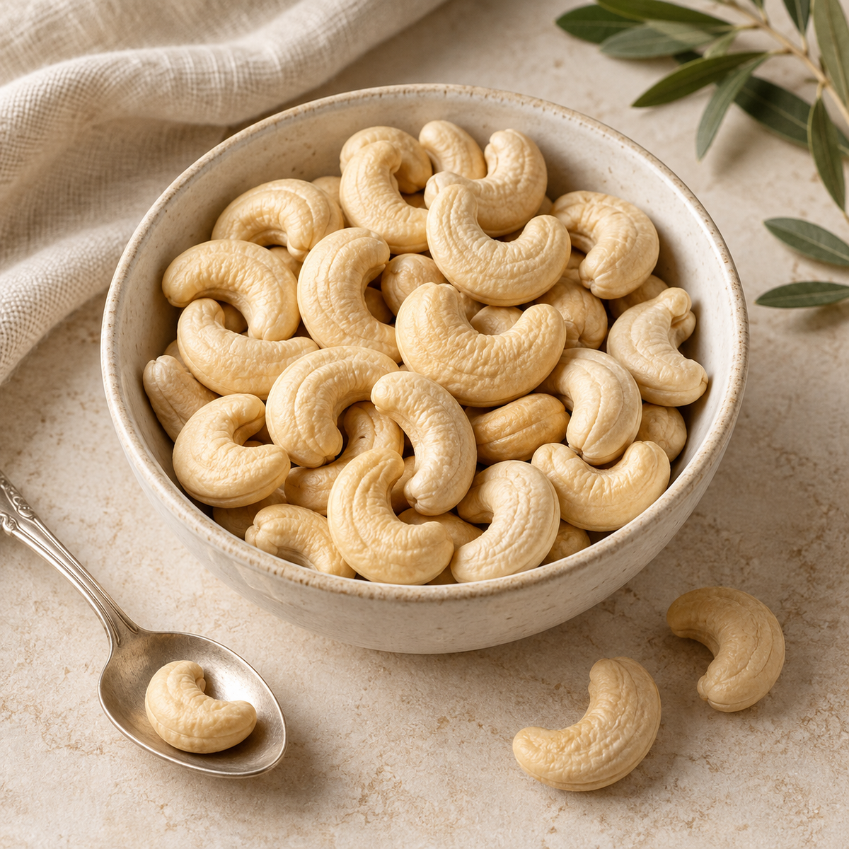 AI-generated ingredient illustration for Vehgro Organic Whole Cashews W320 · 100 g. Not a photograph of the supplied branded product or packaging.
