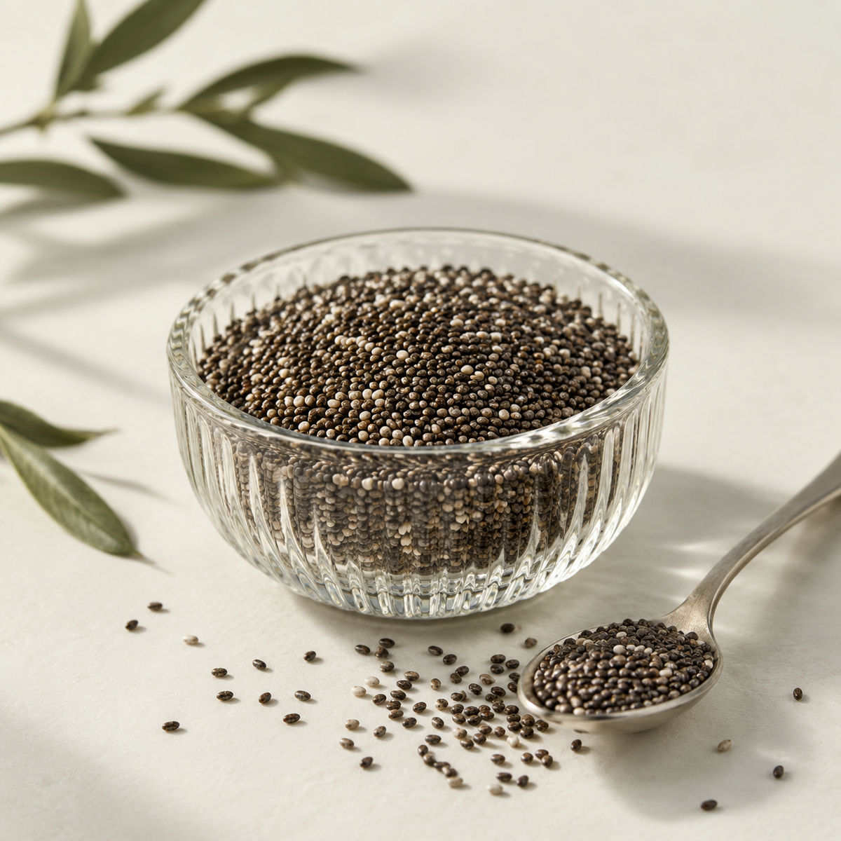 AI-generated ingredient illustration: dry chia seeds in a glass bowl with a spoon. Not a photograph of Navitas packaging or the supplied product.
