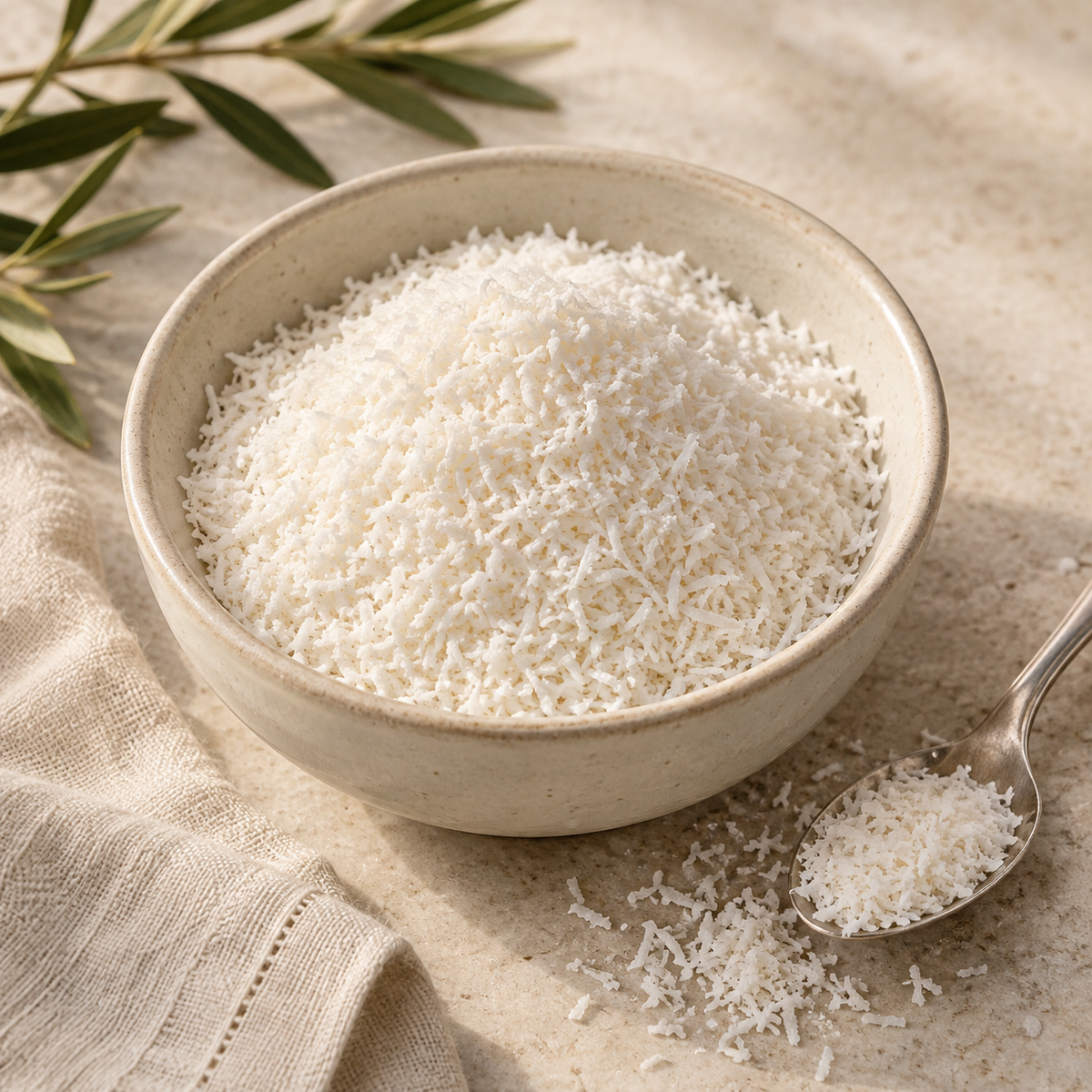 AI-generated ingredient illustration for Vehgro Organic Fine Desiccated Coconut · 100 g. Not a photograph of the supplied branded product or packaging.