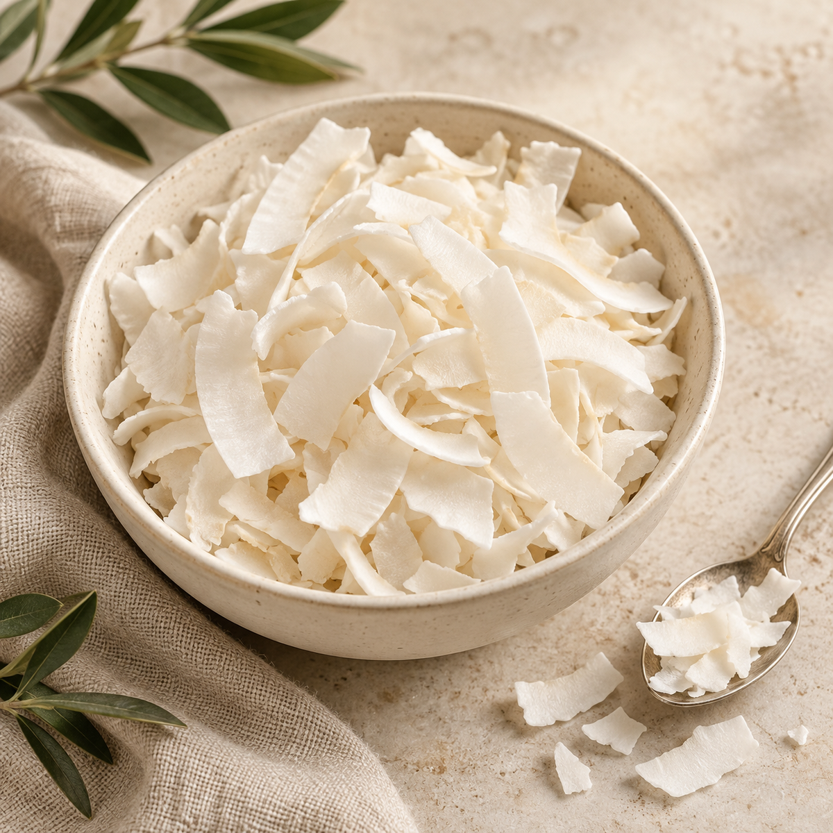 AI-generated ingredient illustration for Vehgro Organic Raw Coconut Flakes · 100 g. Not a photograph of the supplied branded product or packaging.