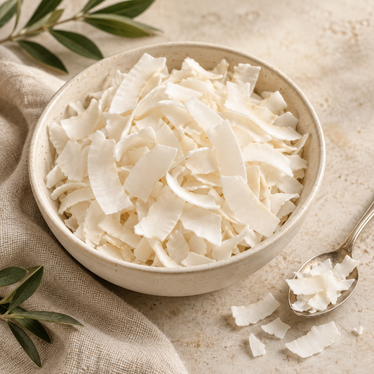 AI-generated ingredient illustration for Vehgro Organic Raw Coconut Flakes · 100 g. Not a photograph of the supplied branded product or packaging.