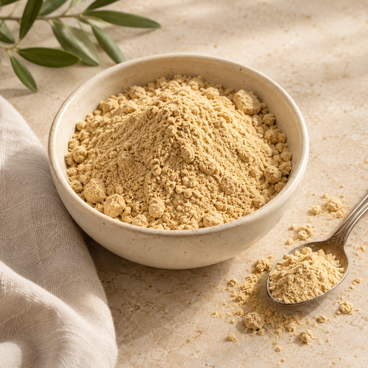 AI-generated ingredient illustration for Vehgro Organic Ginger Powder · 100 g. Not a photograph of the supplied branded product or packaging.