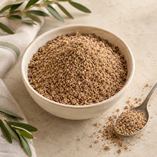 AI-generated ingredient illustration for Vehgro Organic Ground Flaxseed · 100 g. Not a photograph of the supplied branded product or packaging.