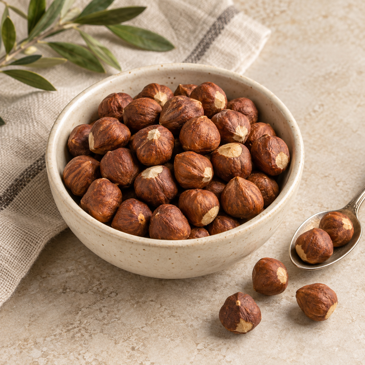 AI-generated ingredient illustration for Vehgro Organic Hazelnuts 11–13 mm · 100 g. Not a photograph of the supplied branded product or packaging.