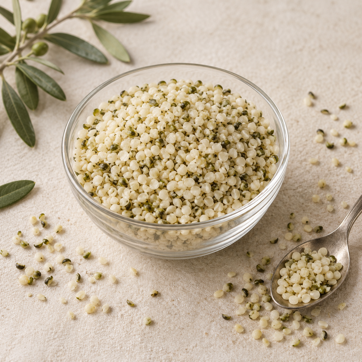 AI-generated ingredient illustration for Vehgro Organic Hulled Hemp Seeds · 100 g. Not a photograph of the supplied branded product or packaging.