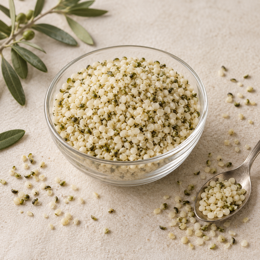 AI-generated ingredient illustration for Vehgro Organic Hulled Hemp Seeds · 100 g. Not a photograph of the supplied branded product or packaging.