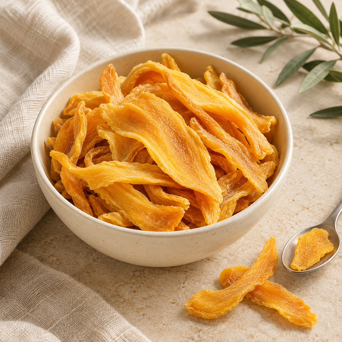 AI-generated ingredient illustration for Vehgro Organic Dried Mango Slices · 100 g. Not a photograph of the supplied branded product or packaging.