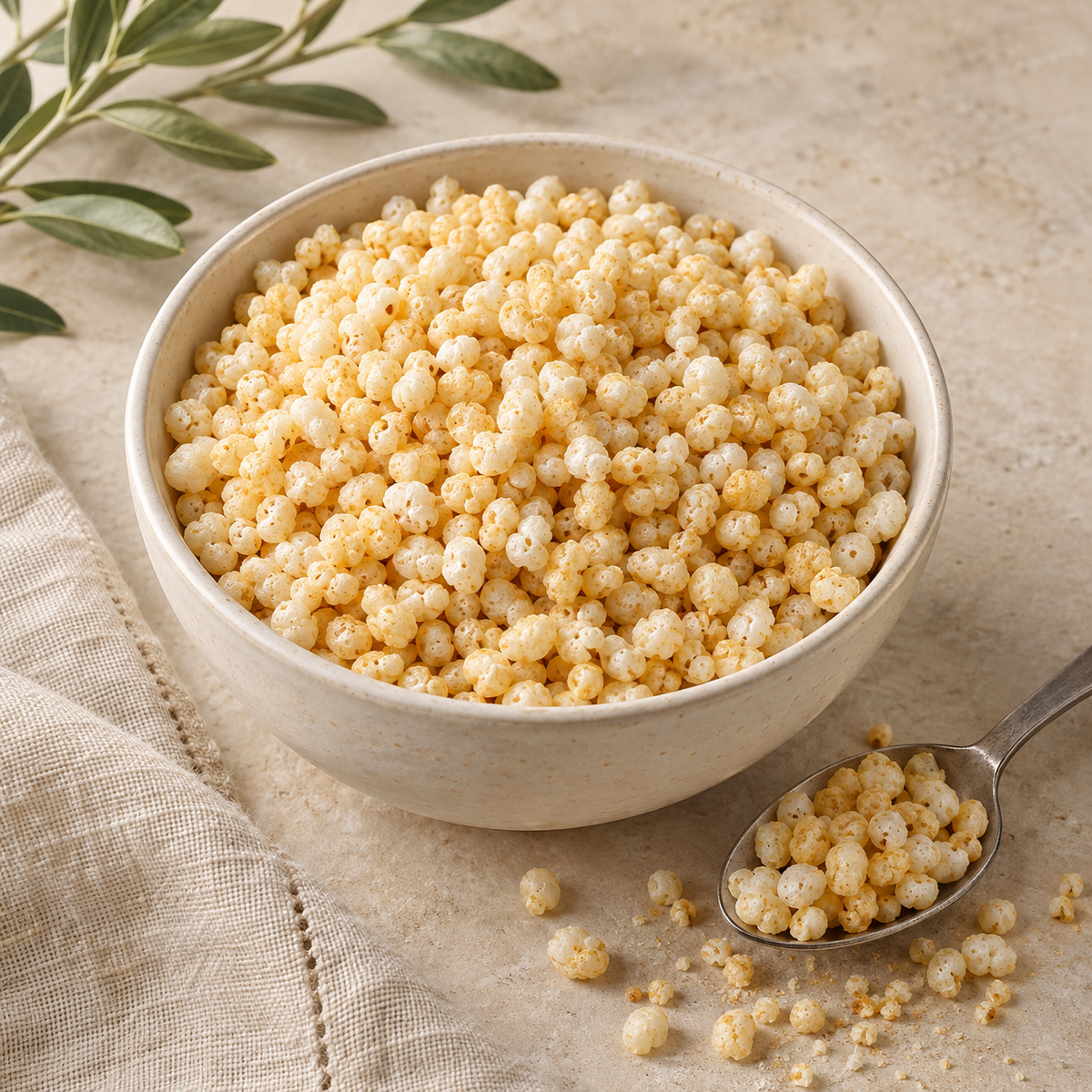 AI-generated ingredient illustration for Vehgro Organic Puffed Millet · 100 g. Not a photograph of the supplied branded product or packaging.