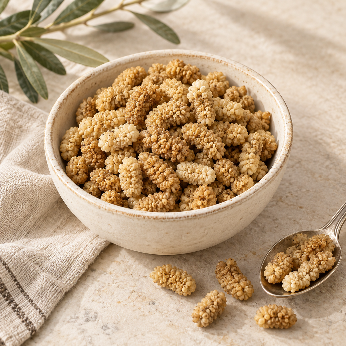 AI-generated ingredient illustration for Vehgro Organic White Mulberries · 100 g. Not a photograph of the supplied branded product or packaging.