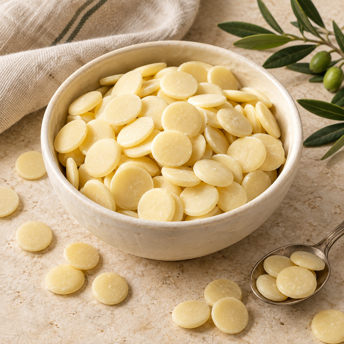 AI-generated ingredient illustration for Navitas Organics Cacao Butter · 8 oz Wafers. Not a photograph of the supplied branded product or packaging.