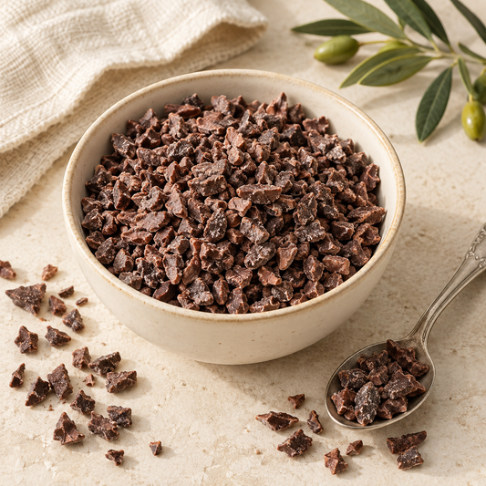 AI-generated ingredient illustration for Navitas Organics Cacao Sweet Nibs · 4 oz. Not a photograph of the supplied branded product or packaging.