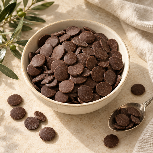 AI-generated ingredient illustration of dark cacao wafers. Not a photograph of a supplied Navitas product or packaging.