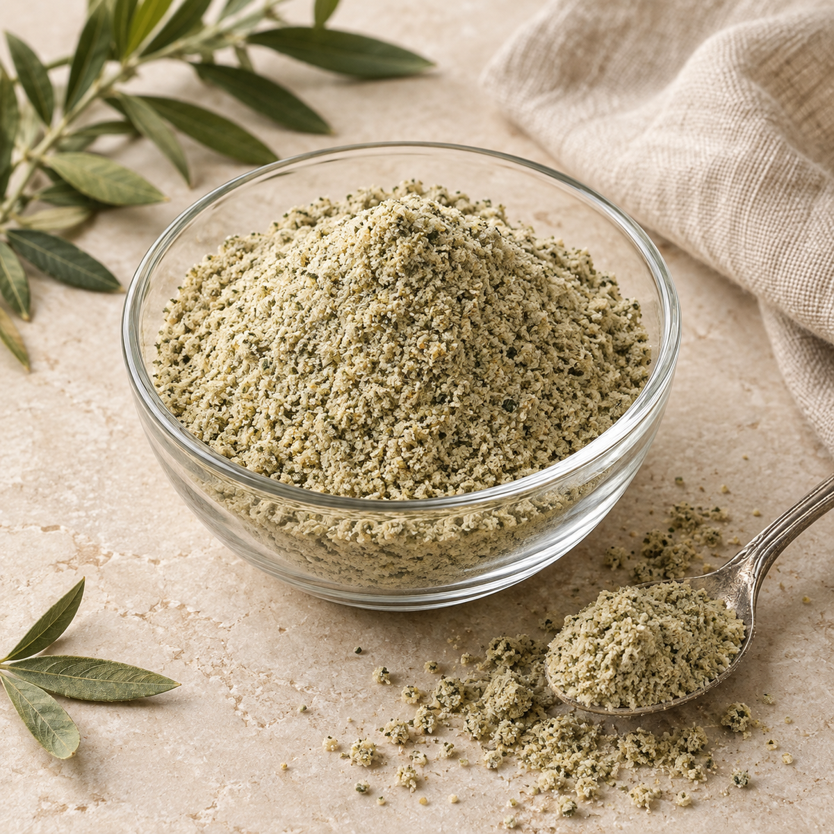 AI-generated ingredient illustration for Navitas Organics Hemp Powder · 12 oz. Not a photograph of the supplied branded product or packaging.