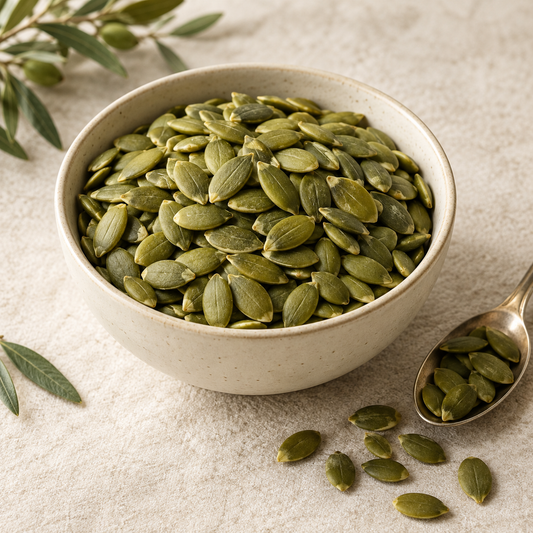 AI-generated ingredient illustration for Vehgro Organic Dark Green Pumpkin Seeds · 100 g. Not a photograph of the supplied branded product or packaging.