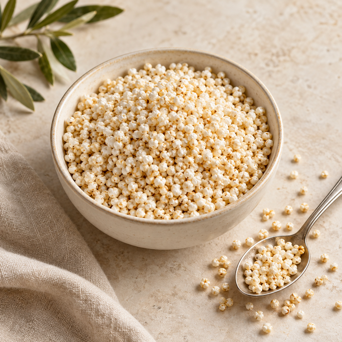 AI-generated ingredient illustration for Vehgro Organic Puffed Quinoa · 500 g. Not a photograph of the supplied branded product or packaging.