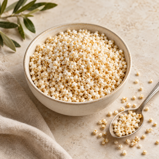 AI-generated ingredient illustration for Vehgro Organic Puffed Quinoa · 500 g. Not a photograph of the supplied branded product or packaging.