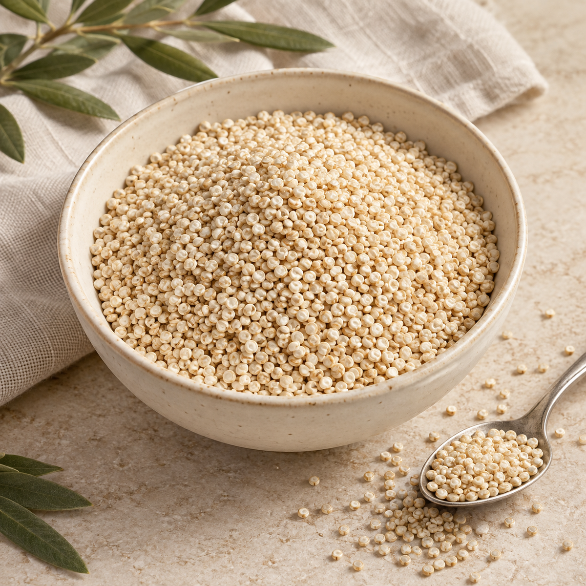 AI-generated ingredient illustration for Vehgro Organic White Quinoa · 500 g. Not a photograph of the supplied branded product or packaging.