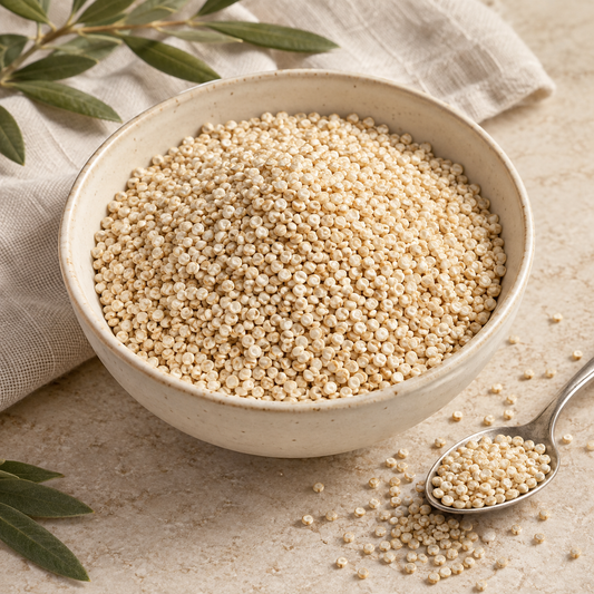 AI-generated ingredient illustration for Vehgro Organic White Quinoa · 500 g. Not a photograph of the supplied branded product or packaging.