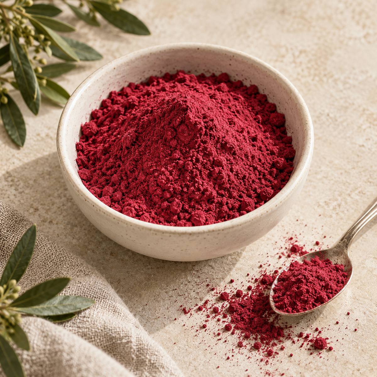 AI-generated ingredient illustration for Vehgro Organic Raspberry Powder · 100 g. Not a photograph of the supplied branded product or packaging.