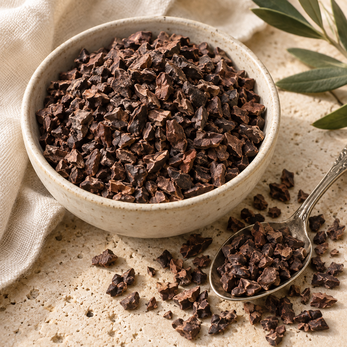 AI-generated ingredient illustration for Vehgro Organic Raw Cacao Nibs · 100 g. Not a photograph of the supplied branded product or packaging.