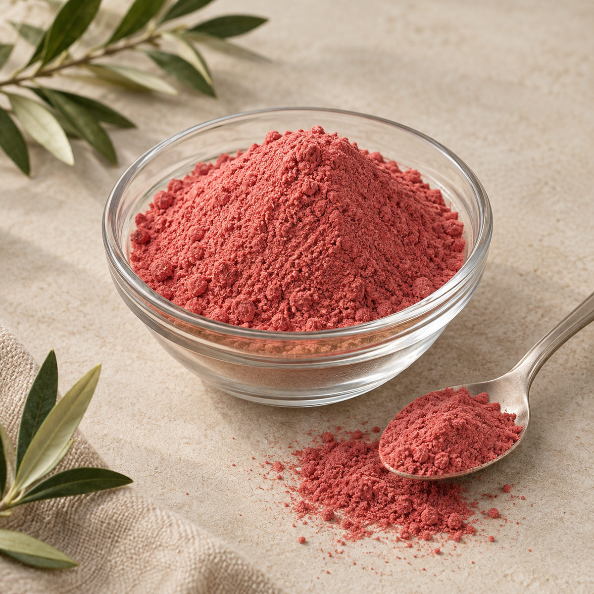 AI-generated ingredient illustration for Vehgro Organic Strawberry Powder · 100 g. Not a photograph of the supplied branded product or packaging.