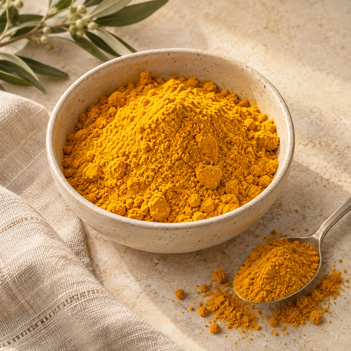 AI-generated ingredient illustration for Vehgro Organic Turmeric Powder · 100 g. Not a photograph of the supplied branded product or packaging.