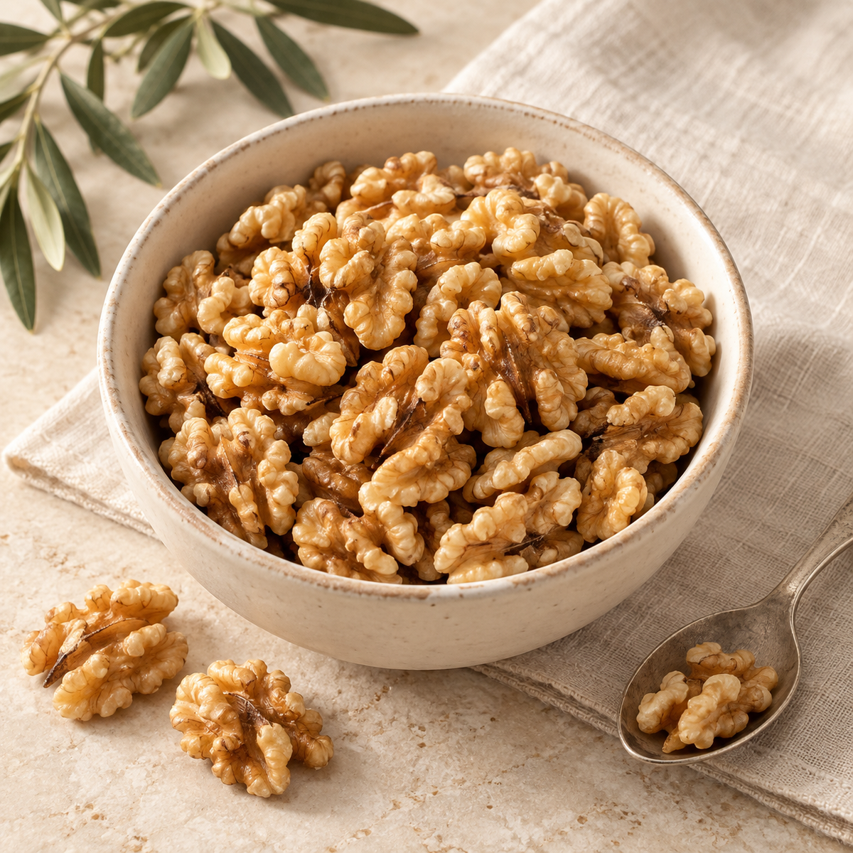 AI-generated ingredient illustration for Vehgro Organic Walnut Halves · 100 g. Not a photograph of the supplied branded product or packaging.