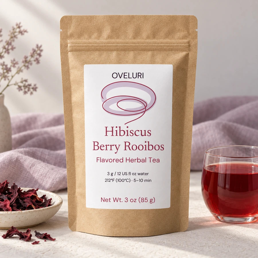 AI packaging concept for Oveluri hibiscus berry rooibos tea; final packaging pending approval