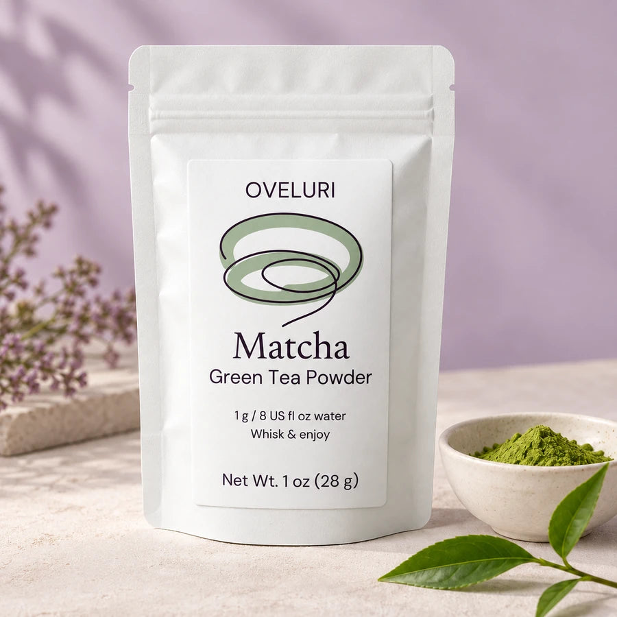 AI packaging concept for Oveluri matcha green tea powder; final packaging pending approval