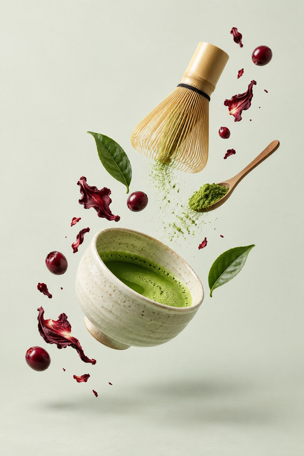 Editorial illustration of a floating matcha bowl with matcha and hibiscus ingredients