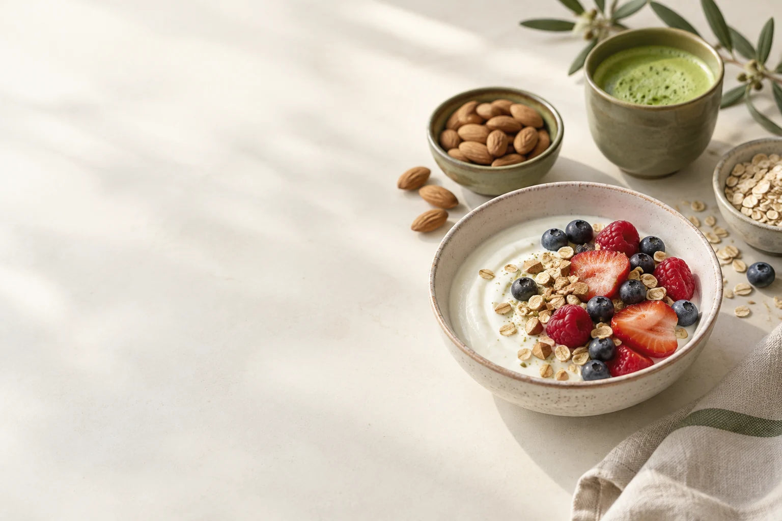 Illustrated yogurt bowl with berries, oats and almonds, beside a cup of matcha.