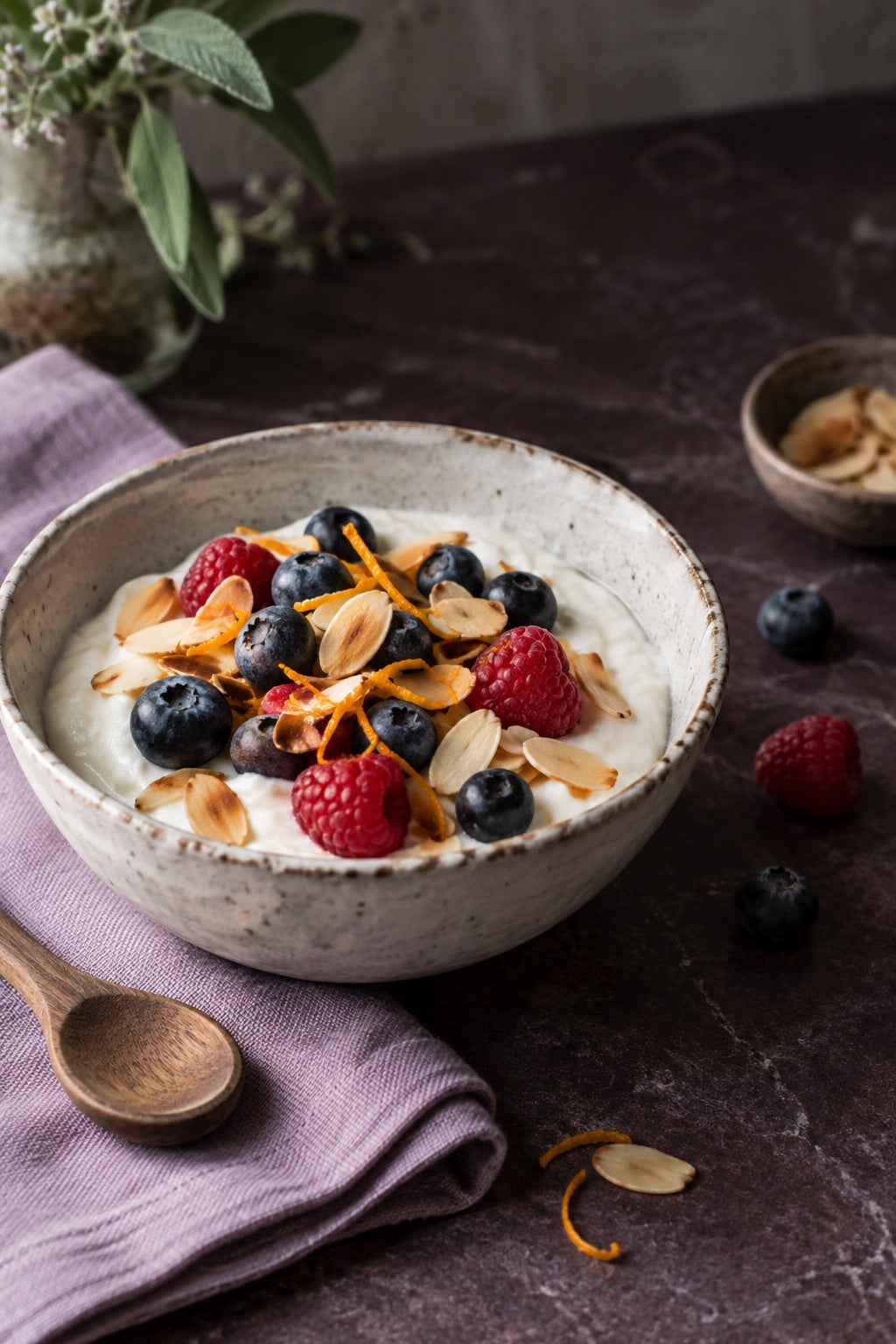 Illustration of a yogurt bowl with berries, sliced almonds, and orange zest